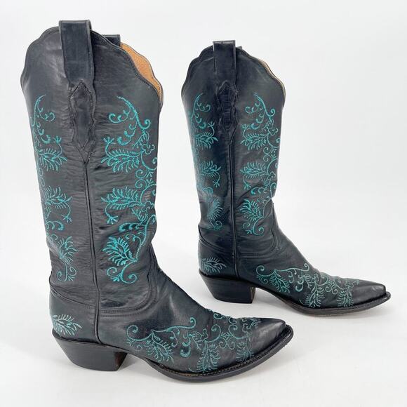 Lucchese Classics Black Metallic Teal Stitching Western Cowgirl Boot size 6.5 - Picture 1 of 11
